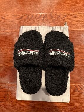 Balenciaga Black Sherpa Slides with Logo Stripe - Men